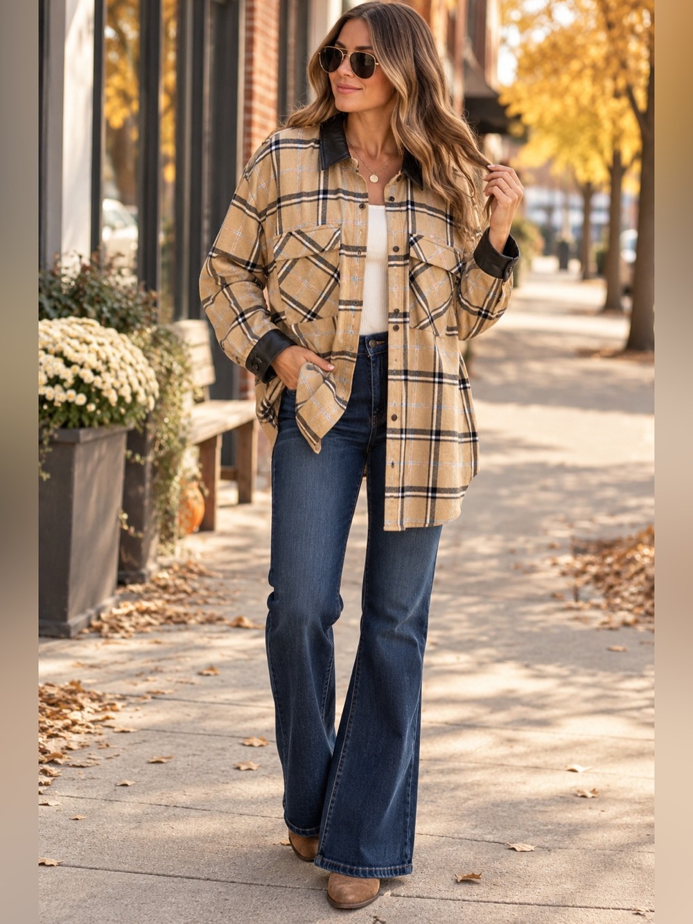 Mystree Plaid Shacket Large Faux Leather Trim Oversized Western Fall Jacket